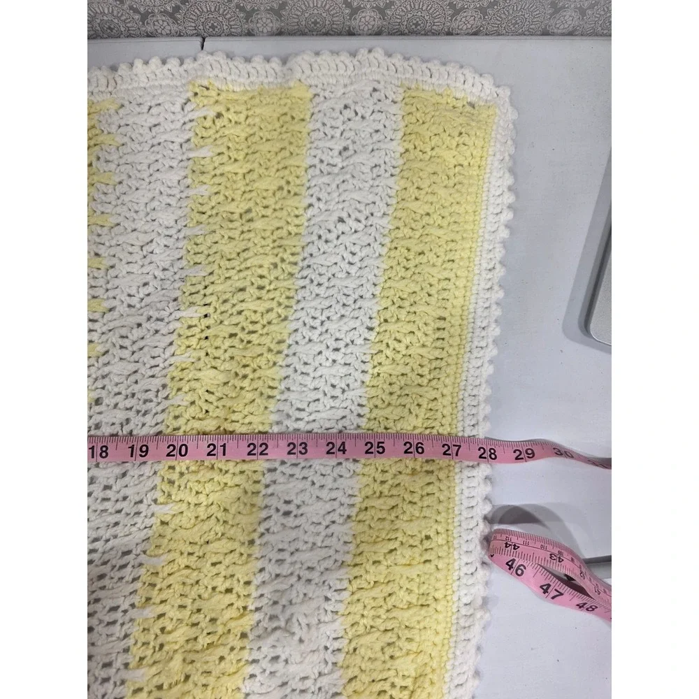Handmade Yellow White Striped Crochet Blanket Throw Baby Toddler Bedding Nursery